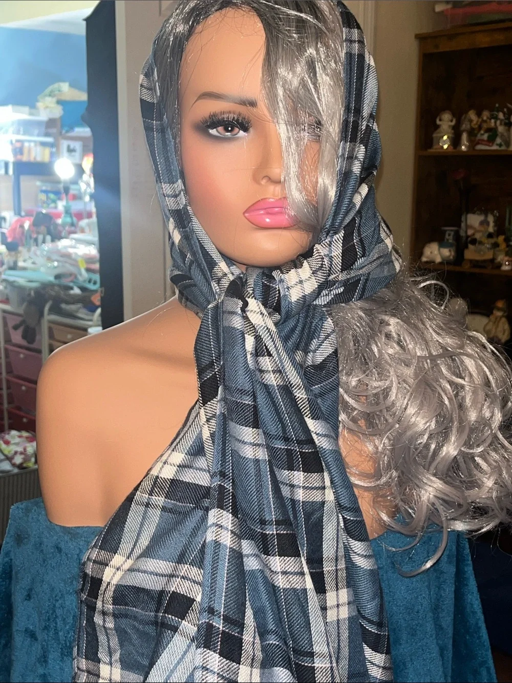 Unisex Tartan Plaid Teal, Black and White Lightweight Scarf S015